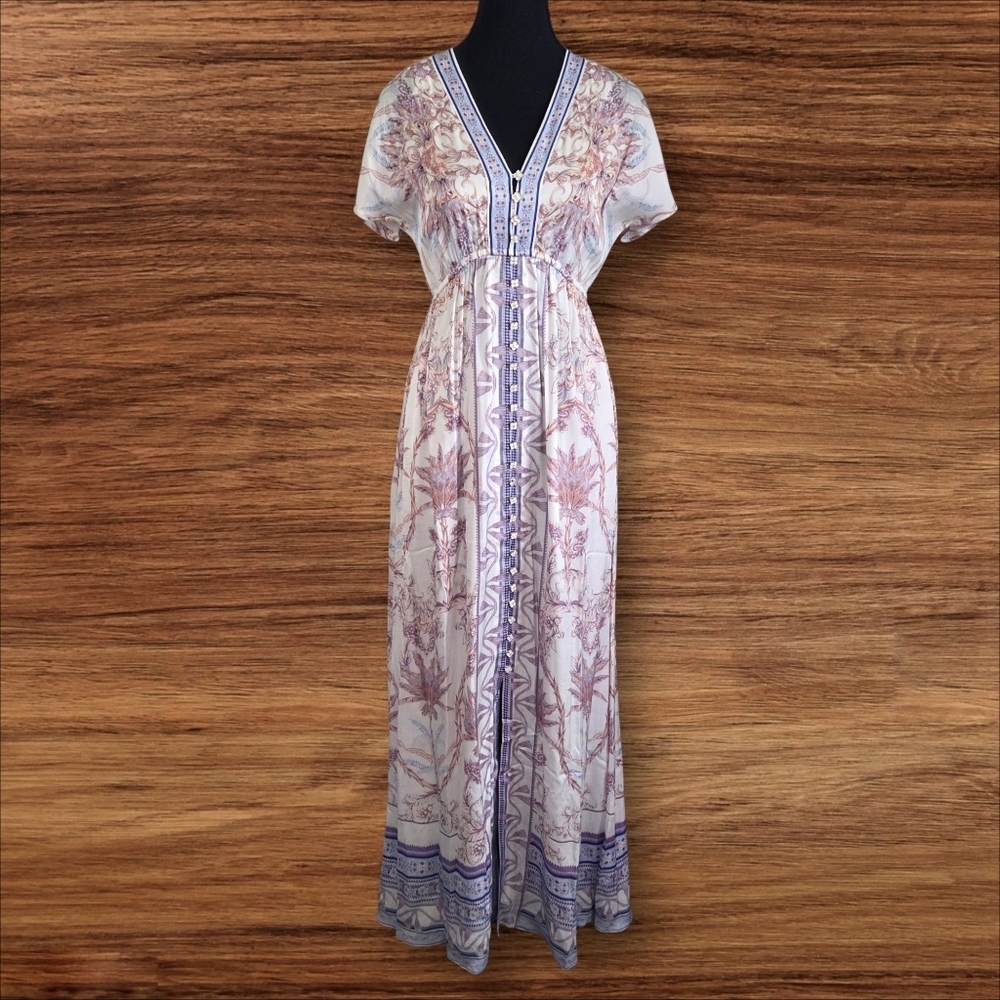 Hale Bob Boho Flowy Maxi Dress With V Neck, Border Print And Flower Buttons XS
